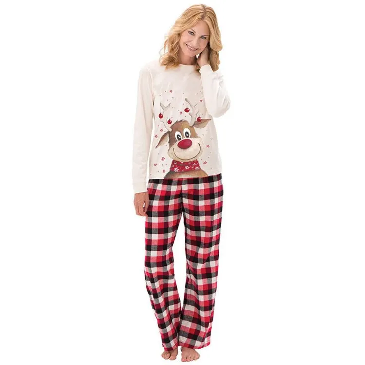 Christmas Family Matching Reindeer Plaid Cotton Pajamas Set