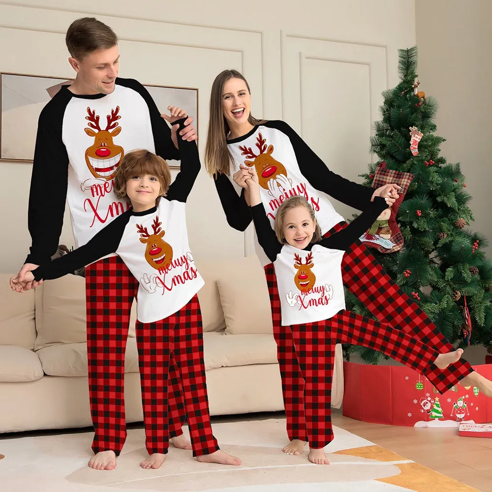 Christmas Family Matching Reindeer Plaid Cotton Pajamas Set