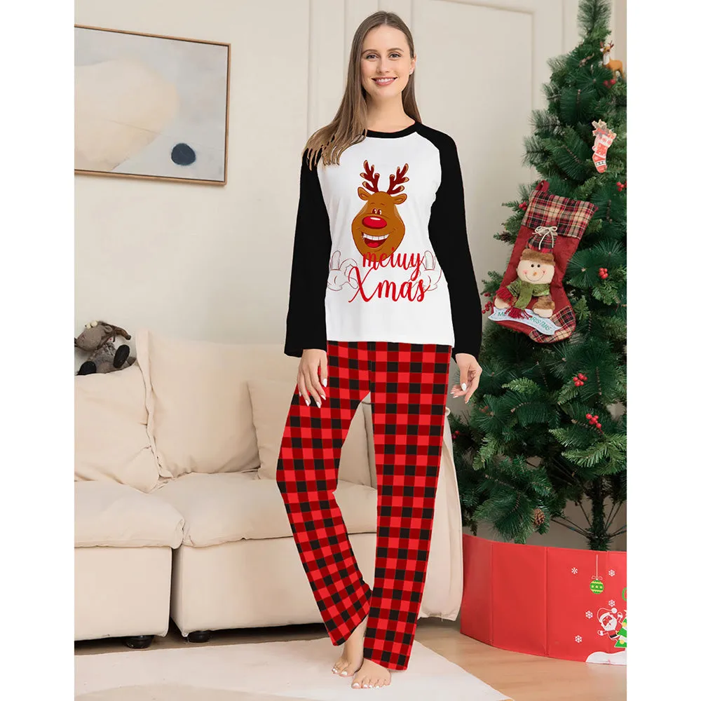 Christmas Family Matching Reindeer Plaid Cotton Pajamas Set