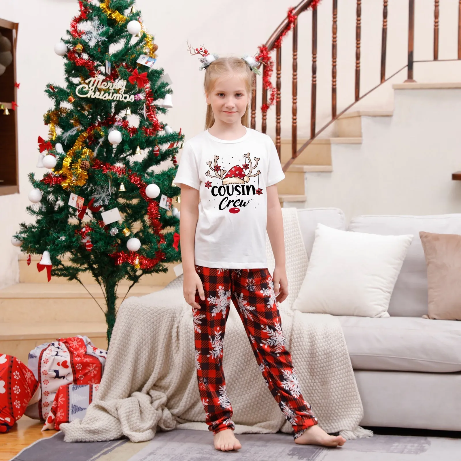 Cousin Crew parent-child pajama set Christmas hat print