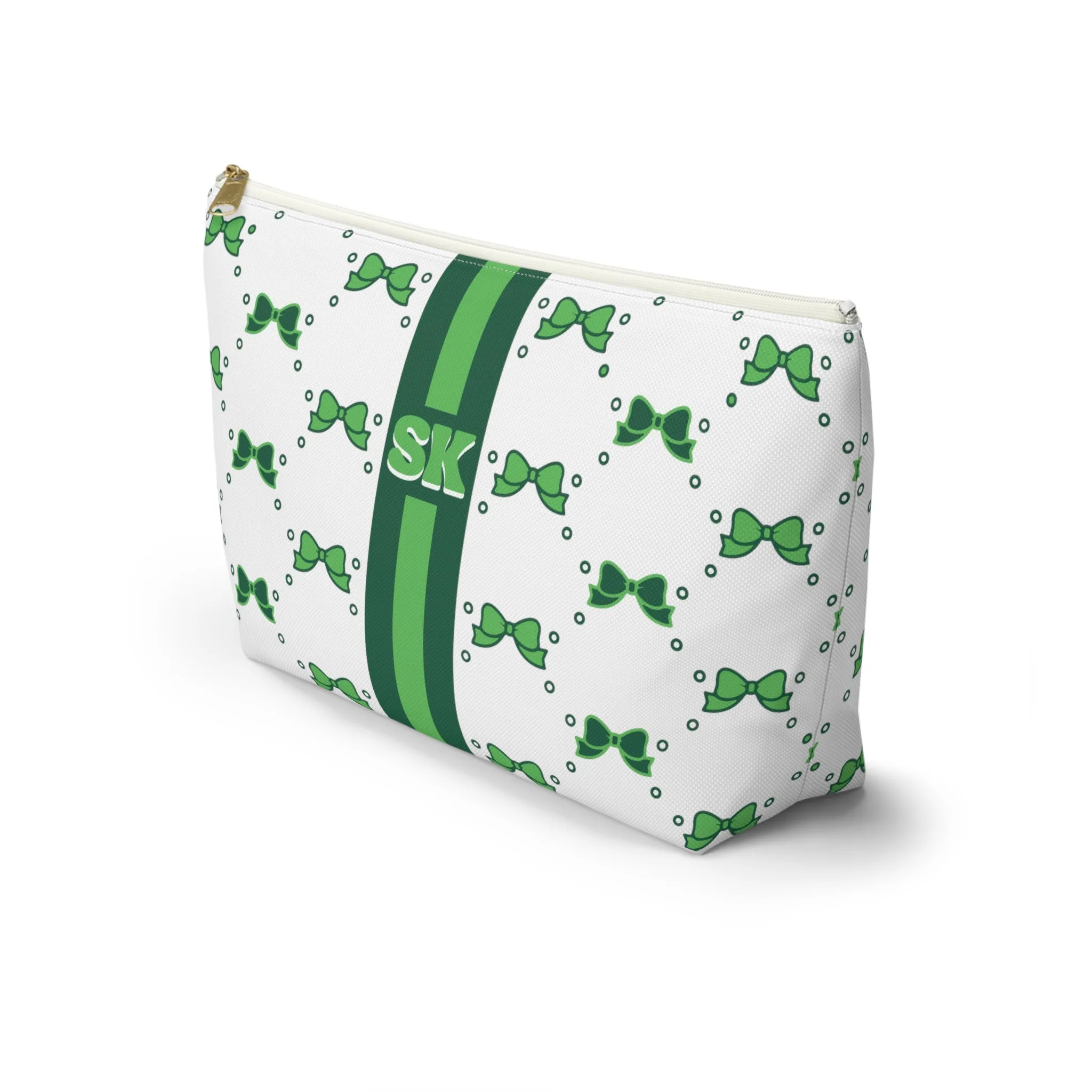 Custom Initial Personalized Bow Makeup Bag - Custom Initial, Makeup Bag, Green and White, Binghamton, Personalized, Bow Aesthetic