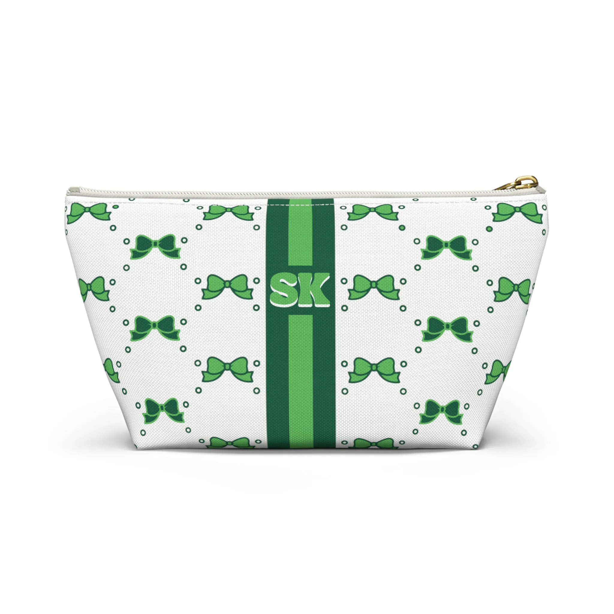 Custom Initial Personalized Bow Makeup Bag - Custom Initial, Makeup Bag, Green and White, Binghamton, Personalized, Bow Aesthetic