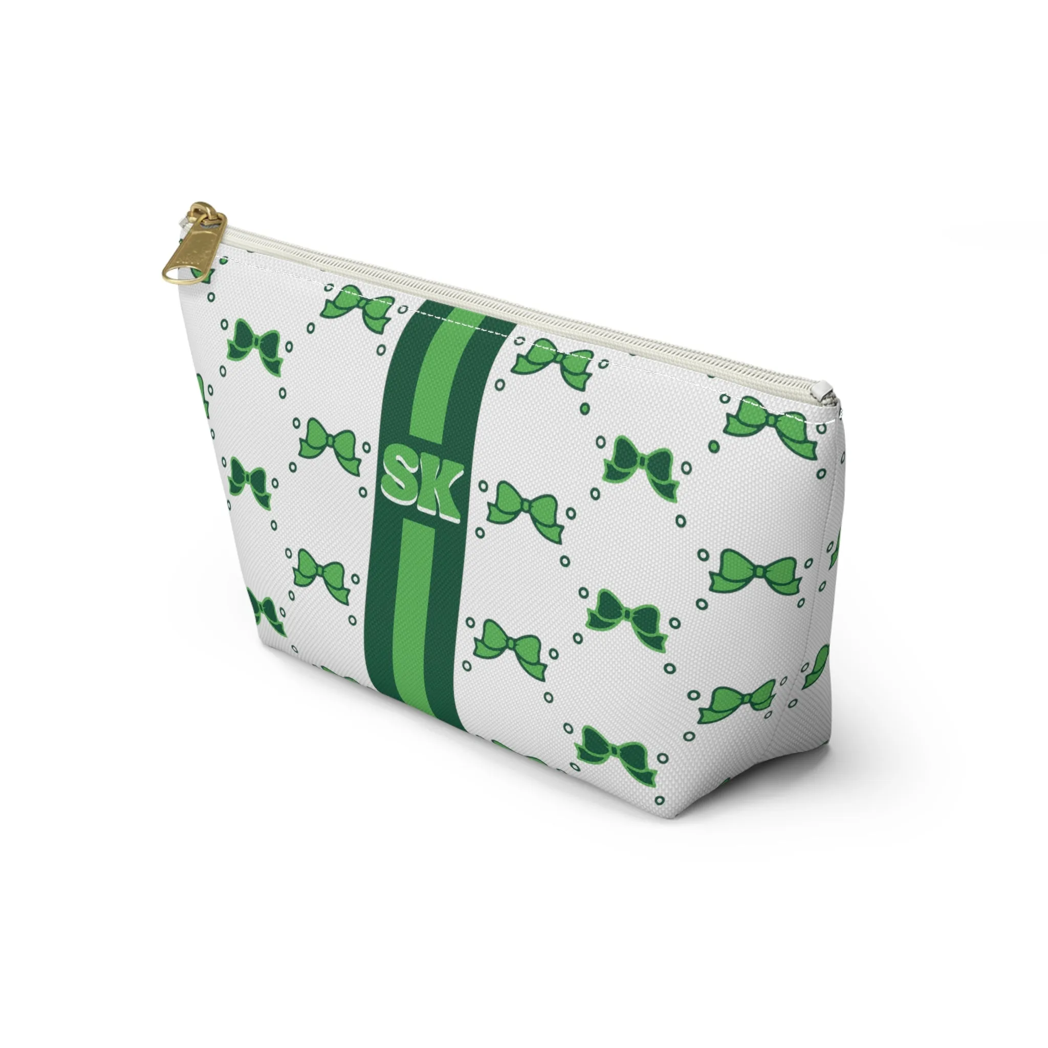 Custom Initial Personalized Bow Makeup Bag - Custom Initial, Makeup Bag, Green and White, Binghamton, Personalized, Bow Aesthetic