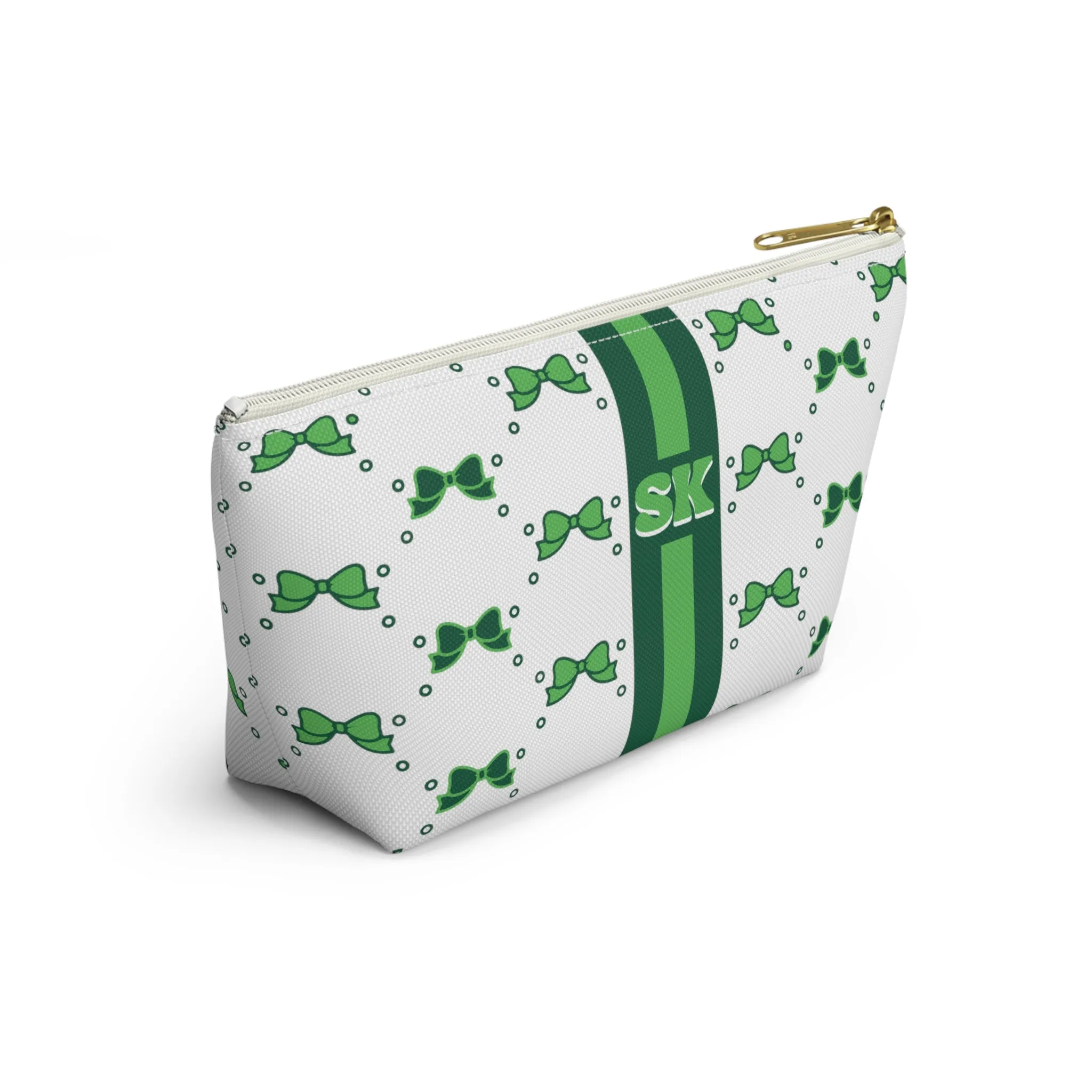 Custom Initial Personalized Bow Makeup Bag - Custom Initial, Makeup Bag, Green and White, Binghamton, Personalized, Bow Aesthetic