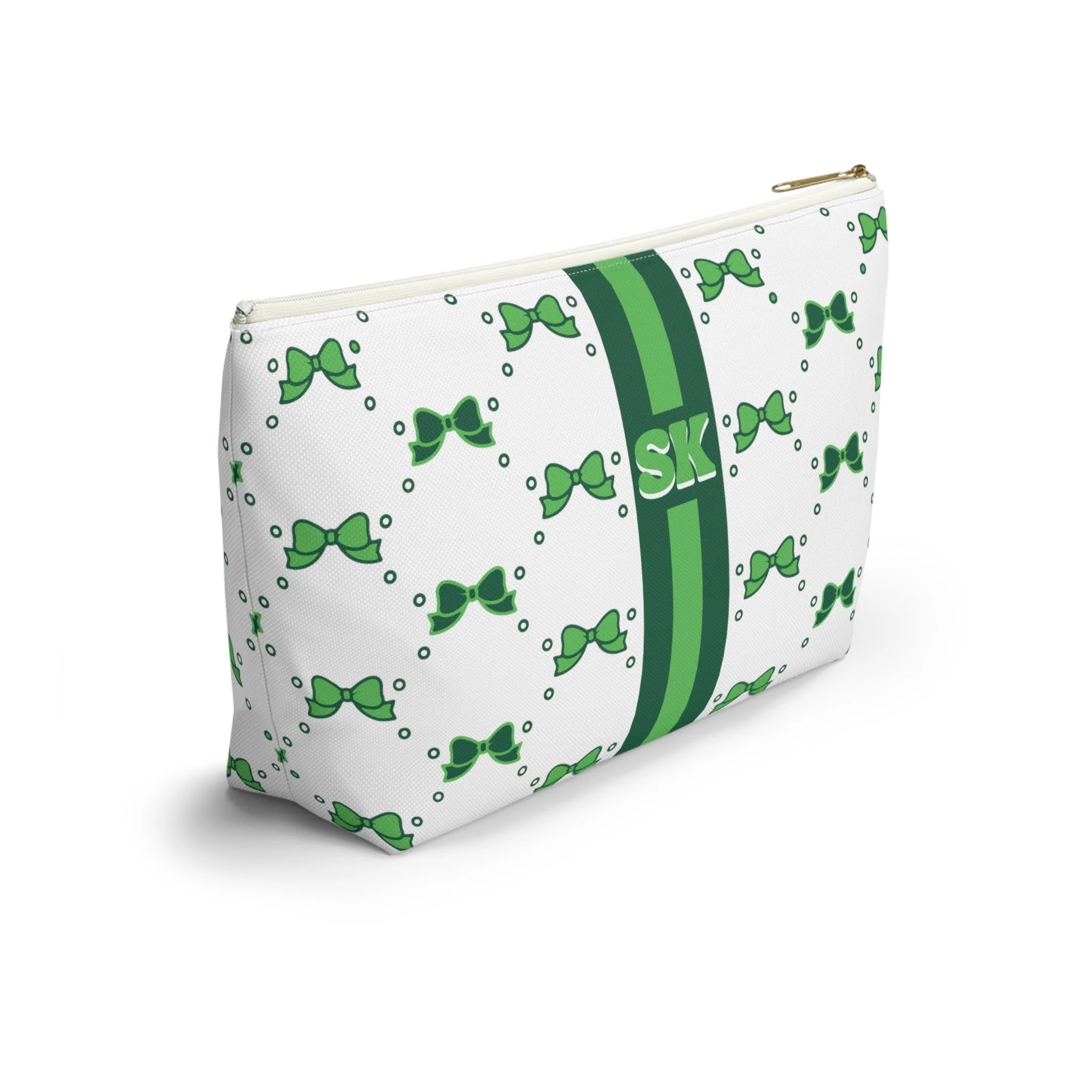 Custom Initial Personalized Bow Makeup Bag - Custom Initial, Makeup Bag, Green and White, Binghamton, Personalized, Bow Aesthetic