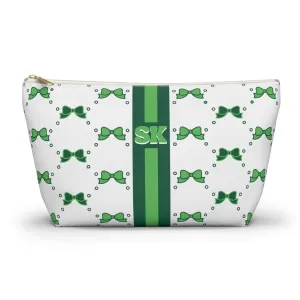 Custom Initial Personalized Bow Makeup Bag - Custom Initial, Makeup Bag, Green and White, Binghamton, Personalized, Bow Aesthetic