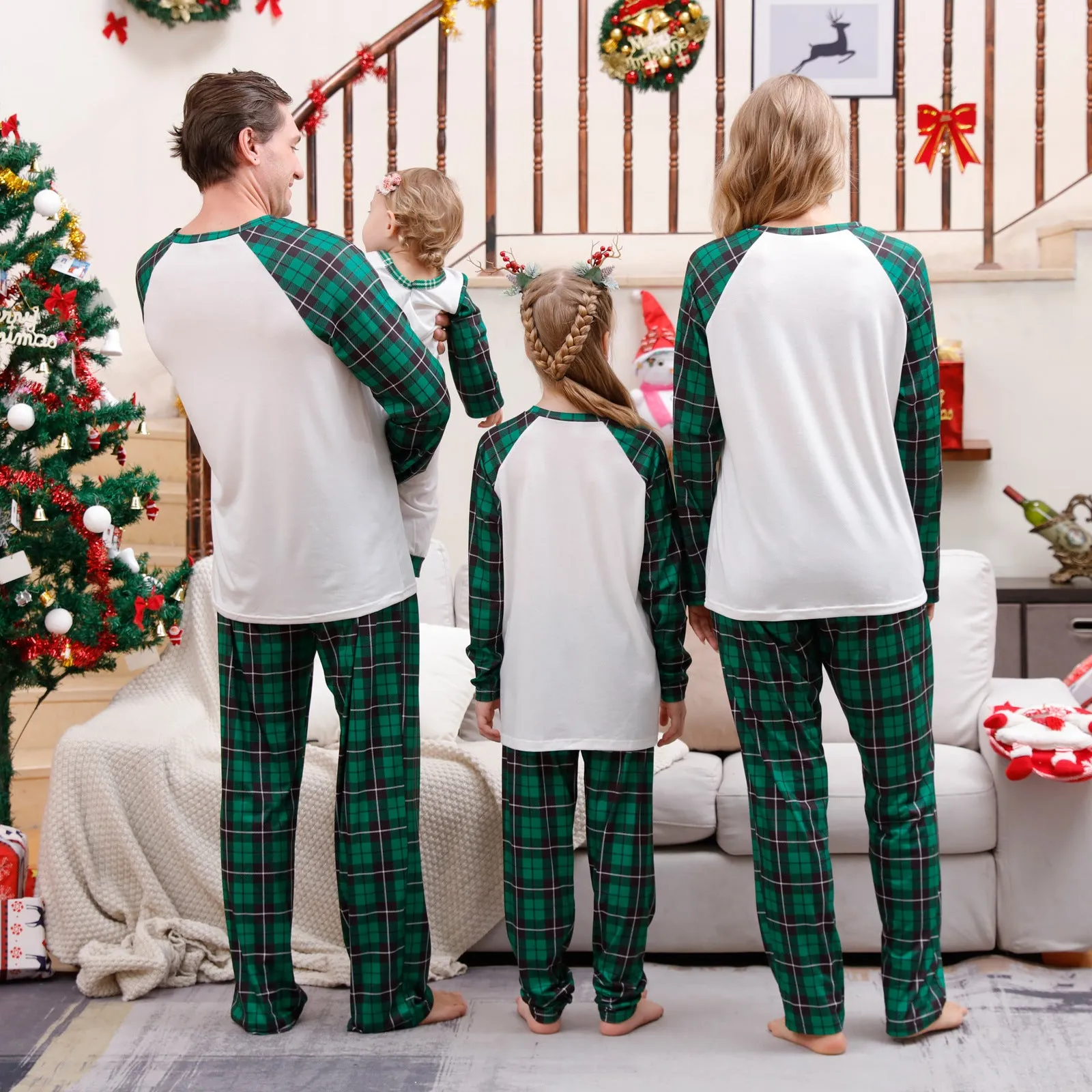 Family Matching Christmas Tree Alphabet Plaid Green Print Holiday Pajama Set