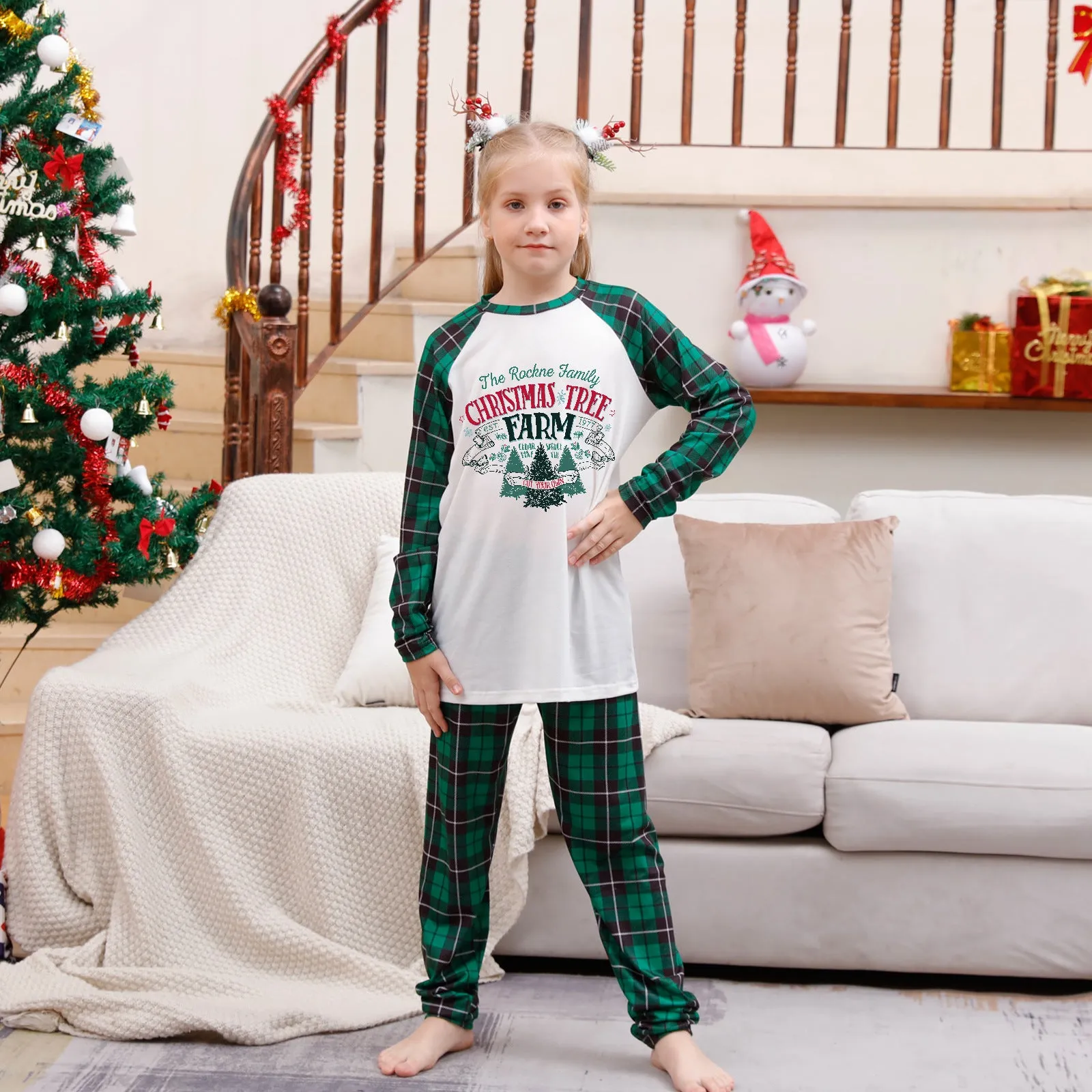 Family Matching Christmas Tree Alphabet Plaid Green Print Holiday Pajama Set