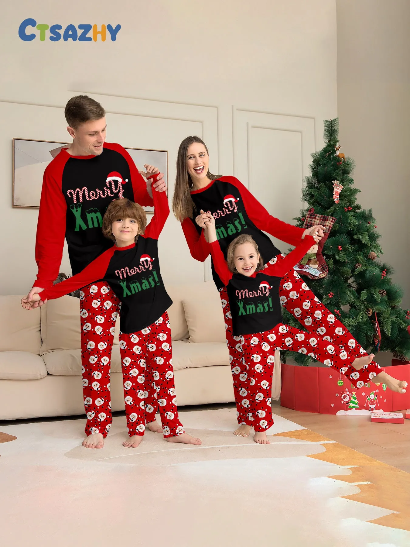 “Merry Xmas” Santa Claus Print Family Pajama Set