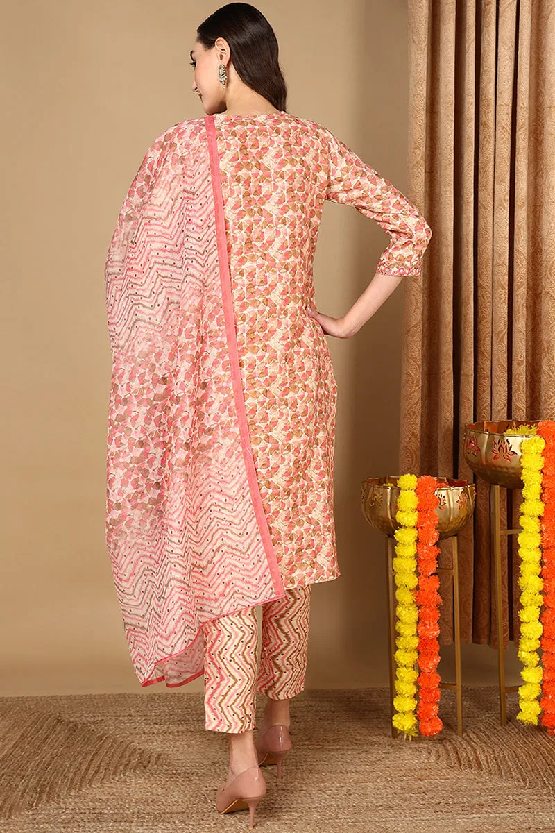 Pink Pure Cotton Geometric Printed Straight Suit Set