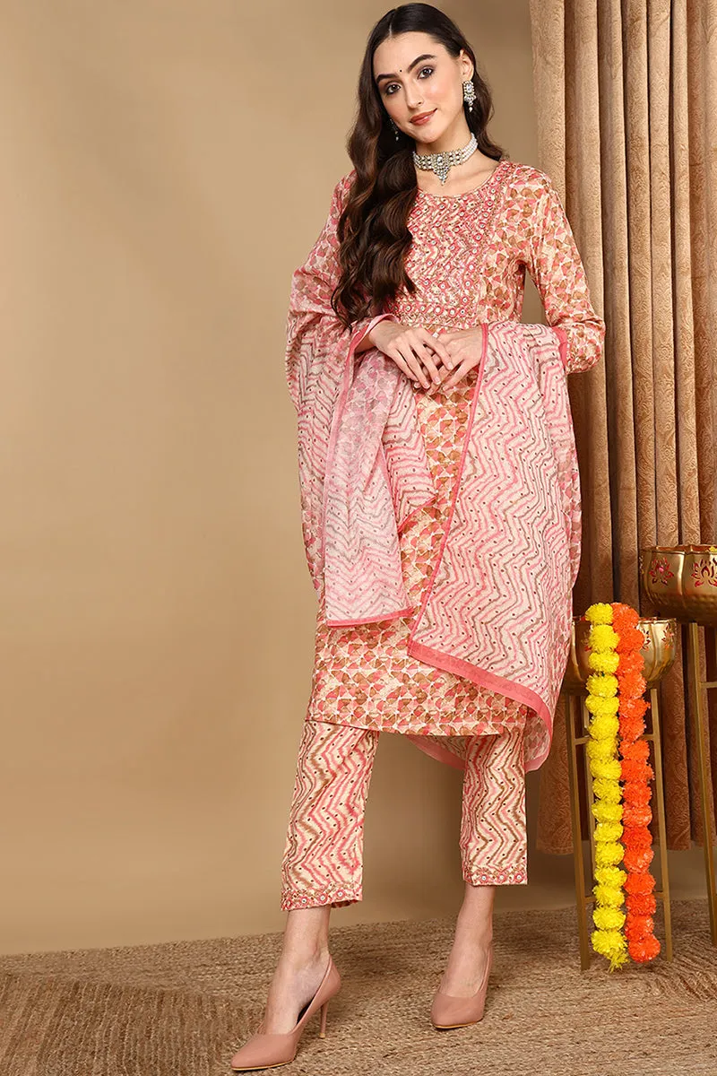 Pink Pure Cotton Geometric Printed Straight Suit Set