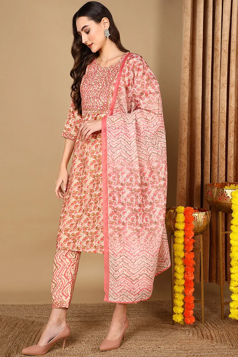 Pink Pure Cotton Geometric Printed Straight Suit Set