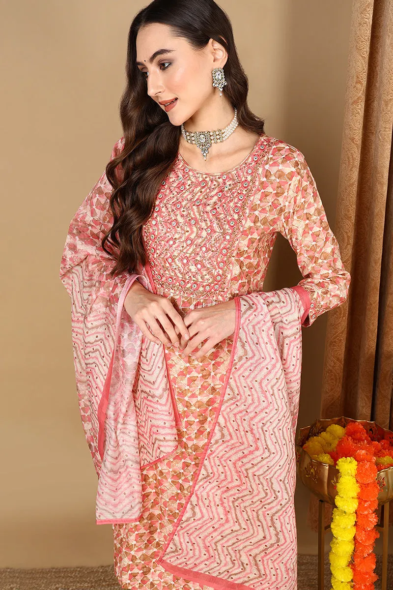 Pink Pure Cotton Geometric Printed Straight Suit Set