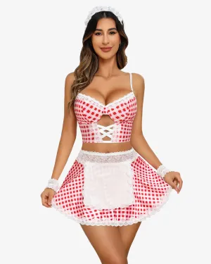 Plaid Contrast Lace Maid Costume Set