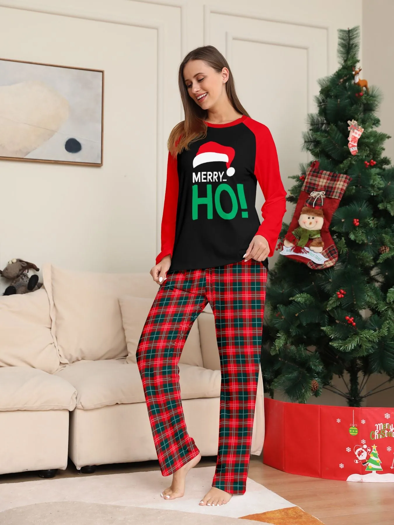 Santa Hat Monogrammed Family Holiday Plaid Pajama Set