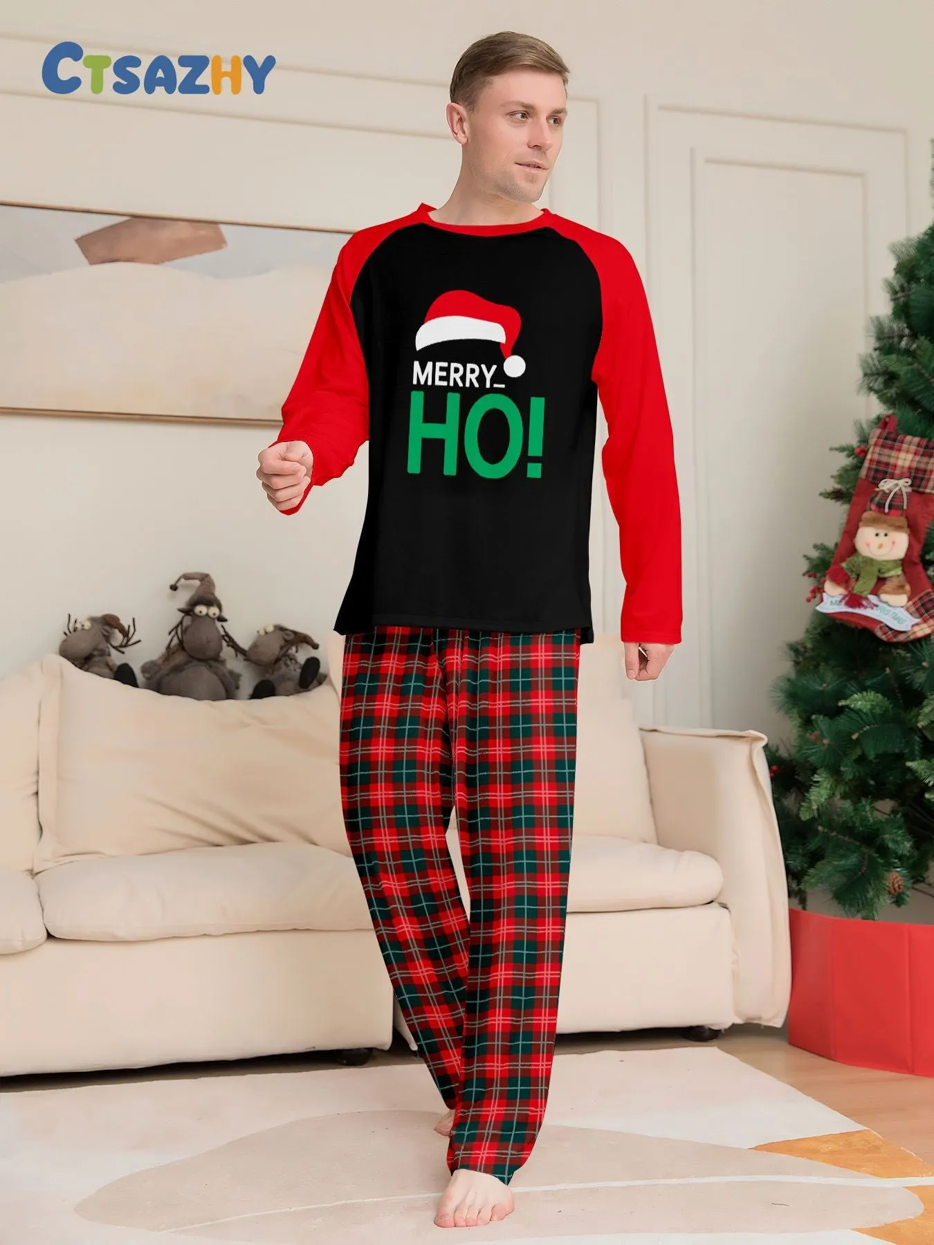 Santa Hat Monogrammed Family Holiday Plaid Pajama Set