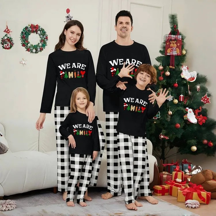 “We Are Family” Long Sleeve Monogrammed Plaid Parent-Child Pajamas